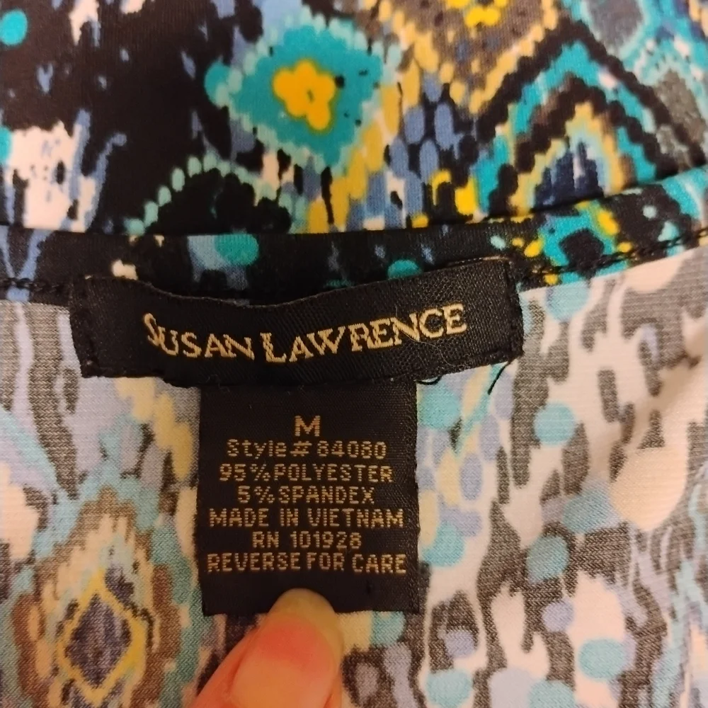Susan Lawrence Women's Blue Patterned Ruffle Top V neck Blouse Size Medium - Picture 6 of 7